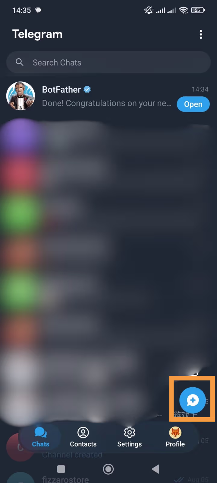 Lista de conversas do Telegram com o botão de nova conversa destacado no canto inferior direito