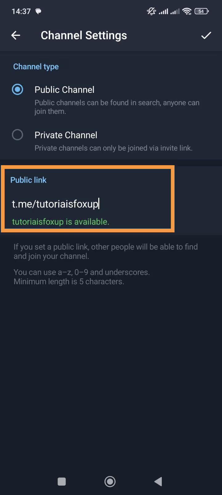 Campo de link preenchido com t.me/tutoriaisfoxup e a confirmação de que o nome está disponível