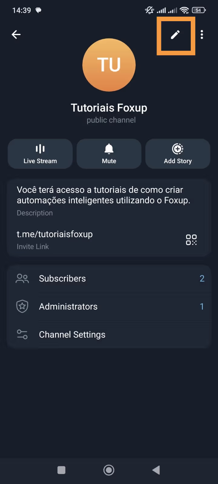Canal já criado, com o botão de lápis destacado para editar as informações