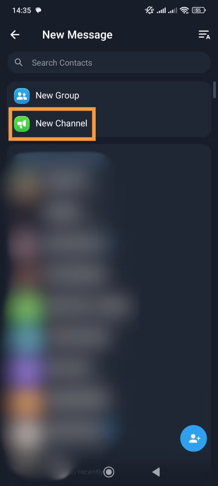 Tela "Nova mensagem" do Telegram com a opção "Novo Canal" destacada